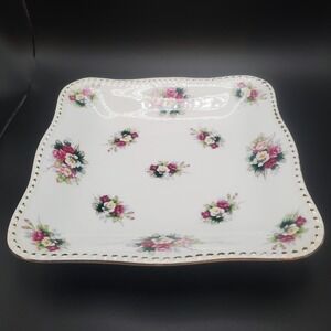 Vintage 8 & 1/2" Square  White Floral Porcelain Serving W Goldtoned Edging